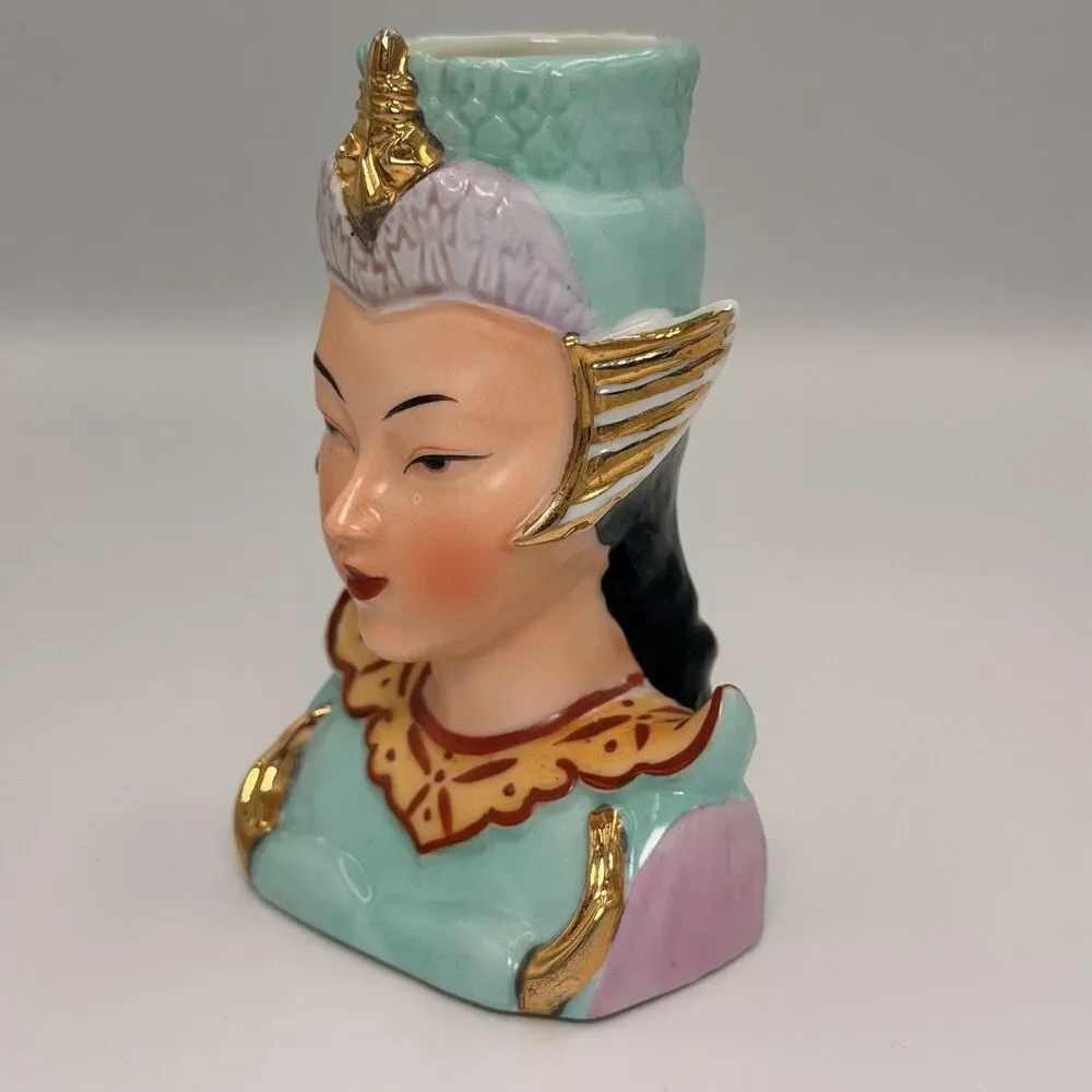 Vintage Asian Lady Head Mini Vase Celadon Jade Gold Japan Mid Century Japan 1950